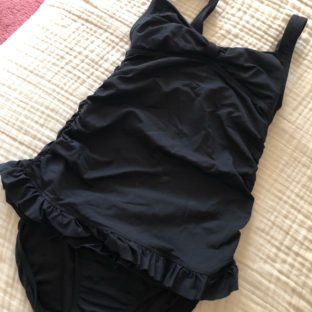 Retro pinup Lands End swimsuit ruffled tankini black 2-4 GUC